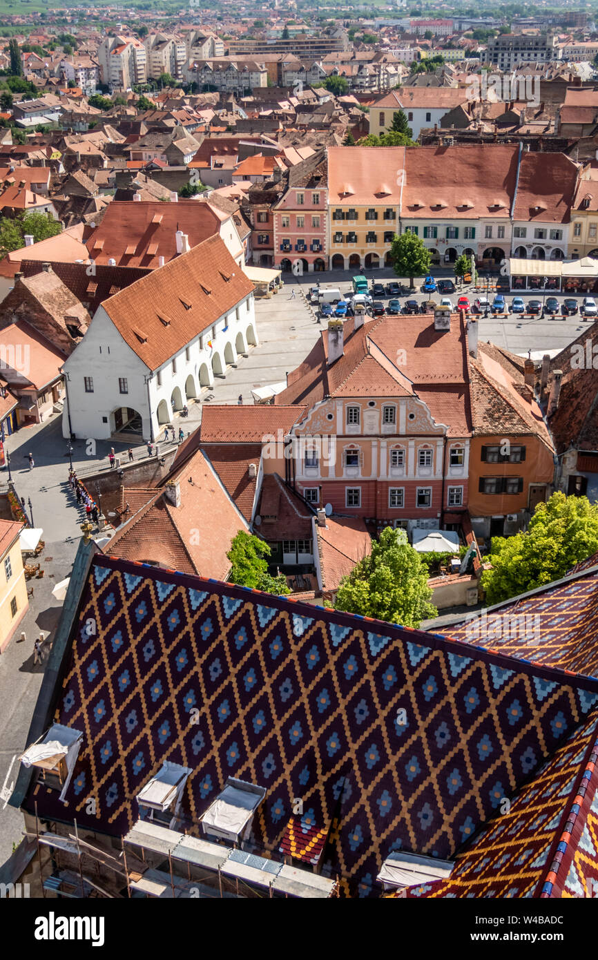 City panorama from the Lutheran Cathedral of Saint Mary in Sibiu, Transylvania, Romania Stock Photo