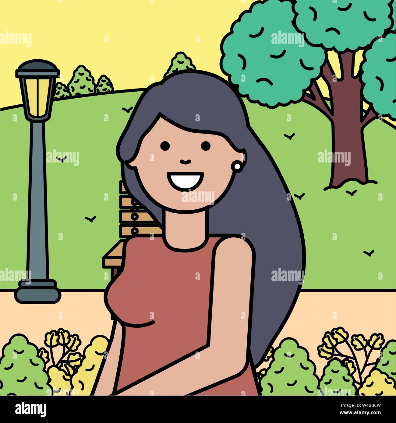 happy young woman in the landscape vector illustration design Stock Vector