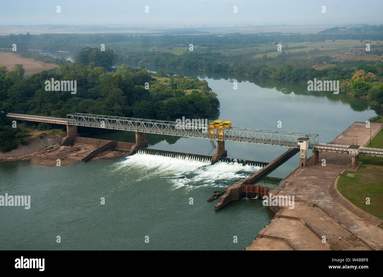 Rio Grande do Sul, Brazil, August 18, 2006. Aerial view of dam and dam of Amarópolis on the Jacuí river, near the city of Porto Alegre Stock Photo