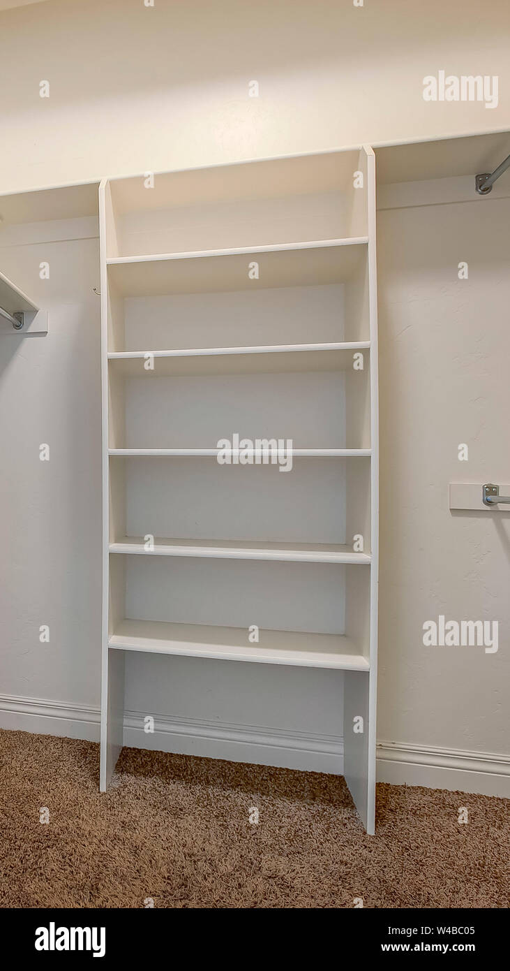 Vertical tall frame Interior of a walk in closet with shelves and shiny ...