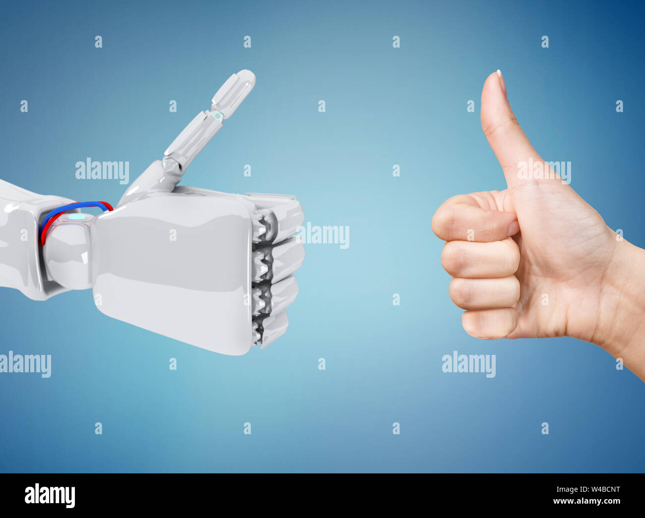 Robot and human hands shows thumbs up gesture. Stock Photo