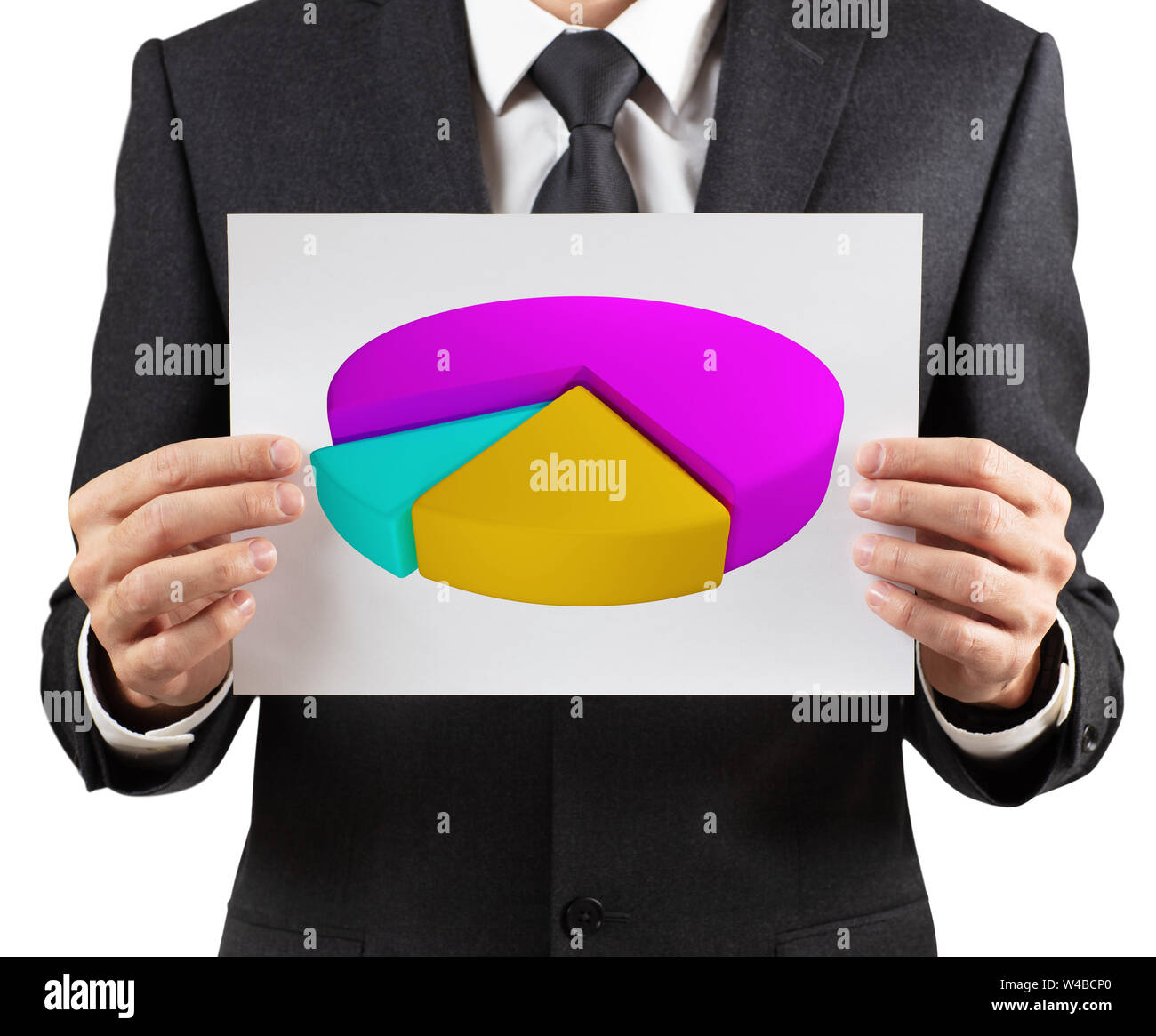 Businessman holds printout with colorful pie graph. Stock Photo
