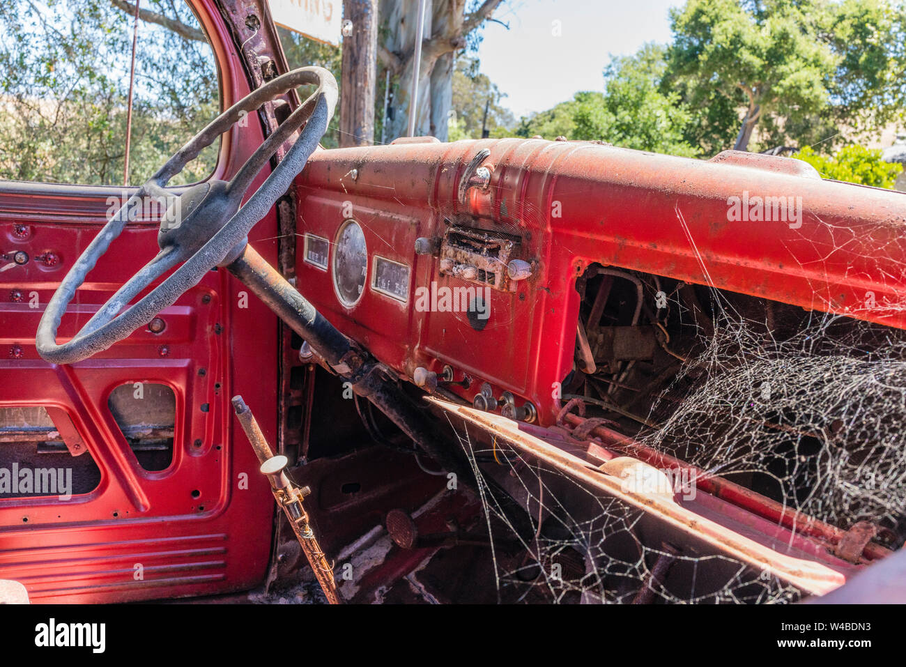 The Interior Of The Cab Of An Old Neglected Red W Series Old