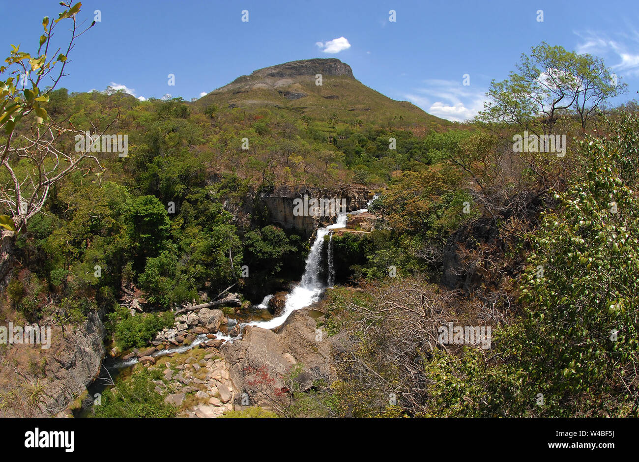 View of the Rainha do Prata Waterfall, in the Chapada dos Veadeiros National Park in the state of Goias. Stock Photo