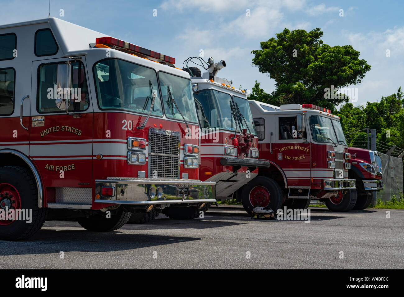 Fire department vehicles assigned to the 18th Civil Engineer Squadron