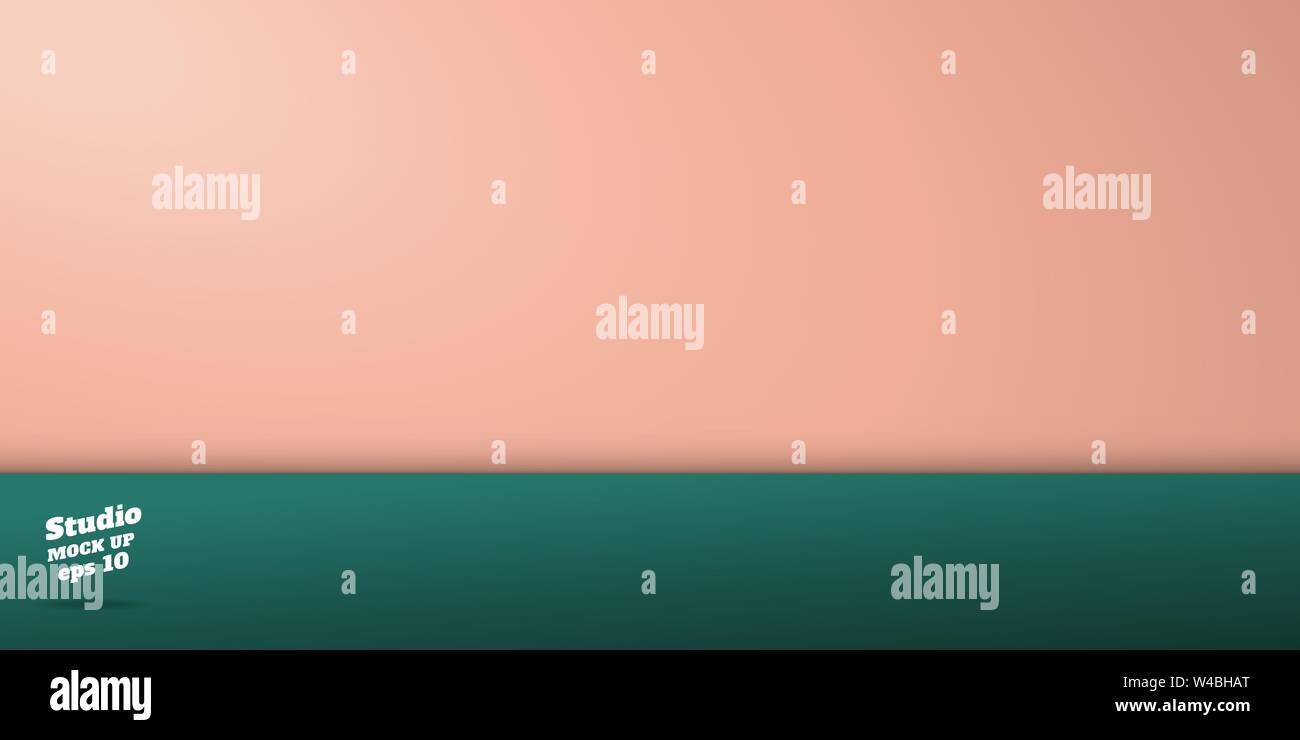 studio pastel peach and dark green table background.Two tone color wall and floor room perspective backdrop ,3d Vector template mock up for display st Stock Vector