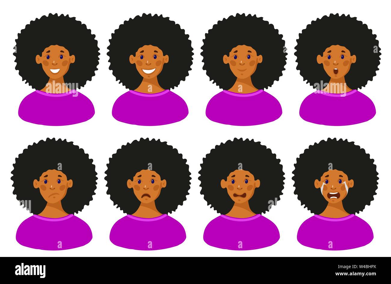 Set of 8 female emotions. African American teen face expression. Emotional intelligence. Head of a young girl with different emotions on her face. Avatar girl. Flat design vector illustration. Stock Vector