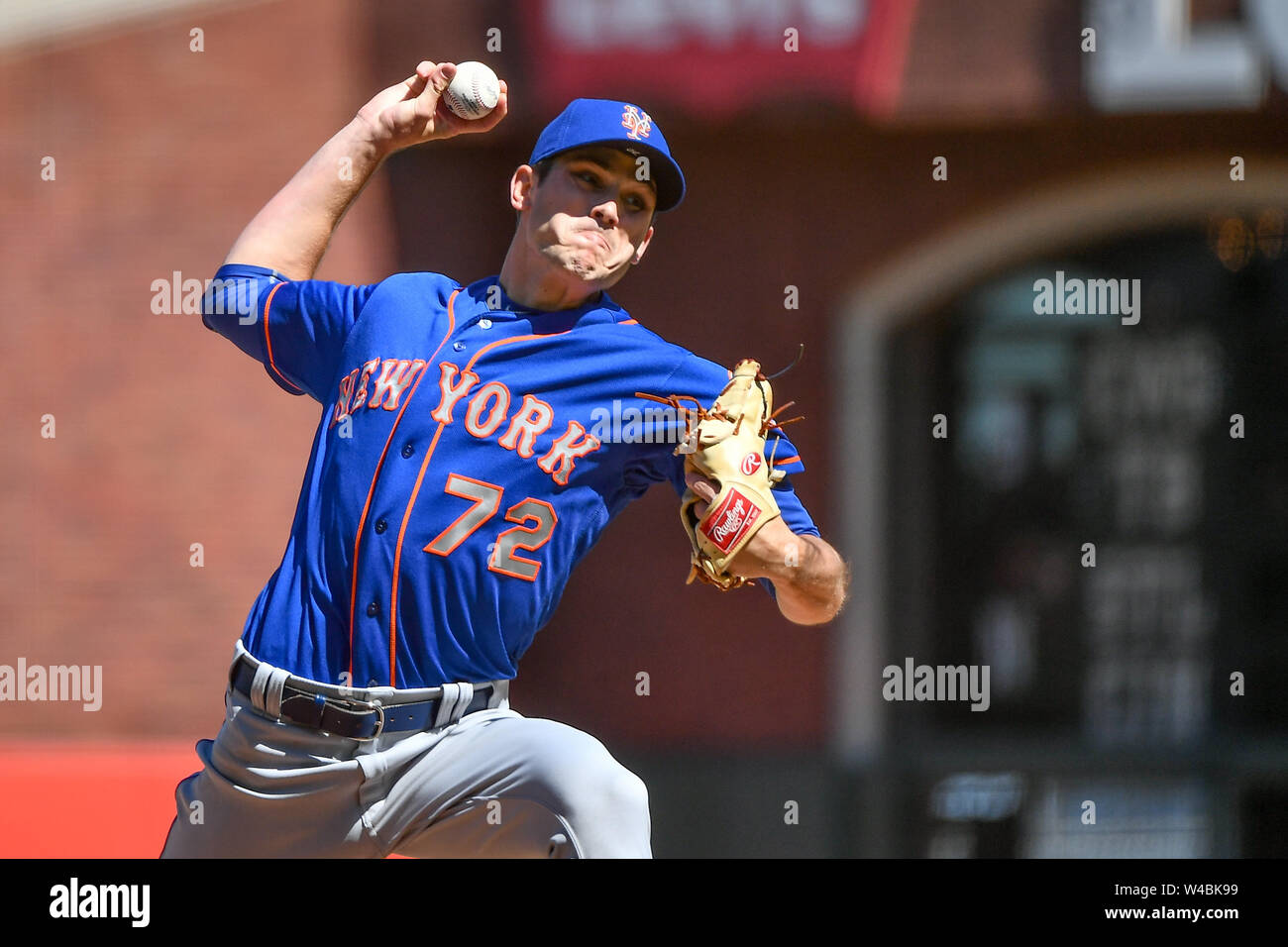 San Francisco, CA. 20th July, 2019. New York Mets relief pitcher Stephen Nogosek (72) in action during the MLB game between the New York Mets and the San Francisco Giants at Oracle Park in San Francisco, CA. Chris Brown/CSM/Alamy Live News Stock Photo