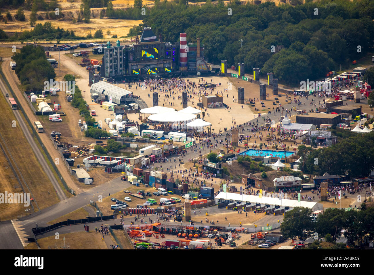 Luftbild Festival ParookaVille 2019 at Weeze Airport, music festival in the field of electronic dance music in Weeze on the Lower Rhine, North Rhine-W Stock Photo