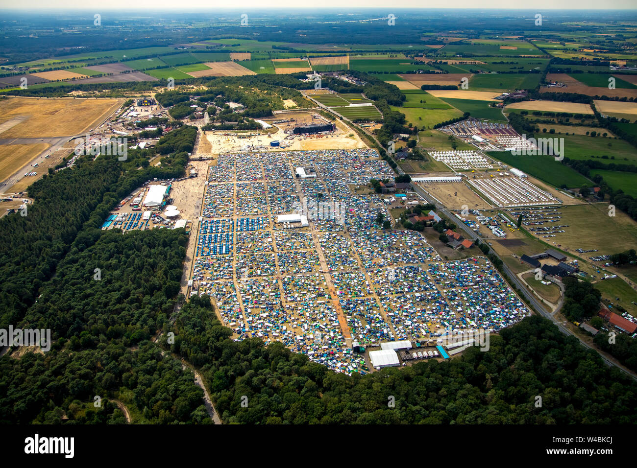 Luftbild Festival ParookaVille 2019 at Weeze Airport, music festival in the field of electronic dance music in Weeze on the Lower Rhine, North Rhine-W Stock Photo