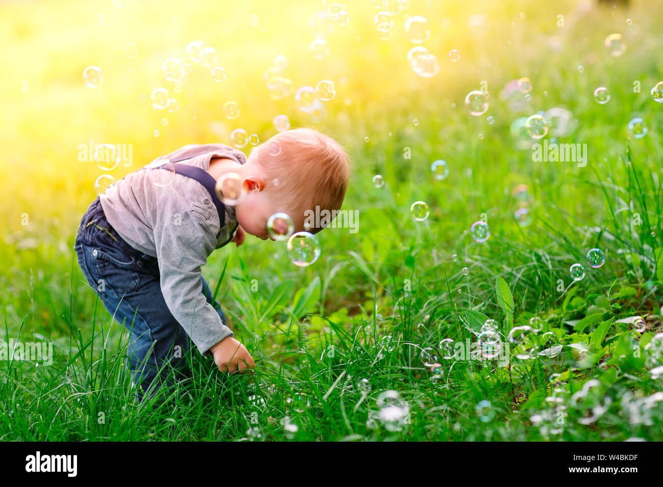 Little boy playing with soap bubbles in the park Stock Photo - Alamy