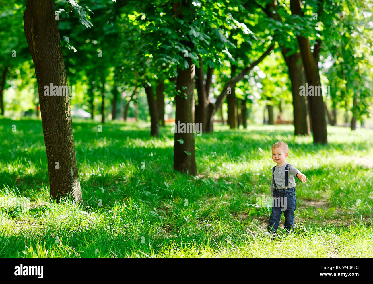 Little boy in denim overalls in the park Stock Photo Alamy