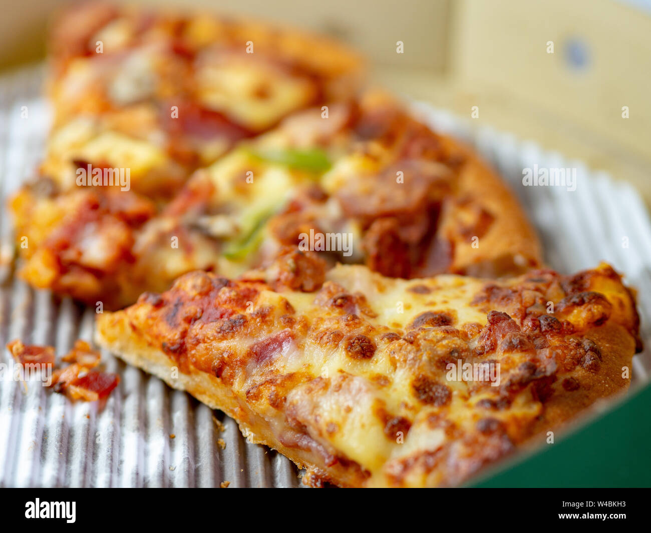 The remaining pizza is in the box.Empty pizza box with three slice ...