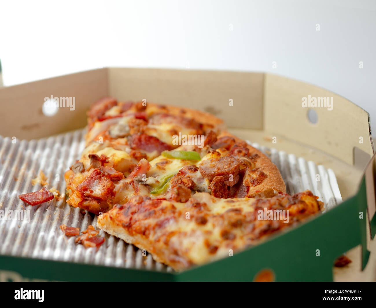 The remaining pizza is in the box.Empty pizza box with three slice