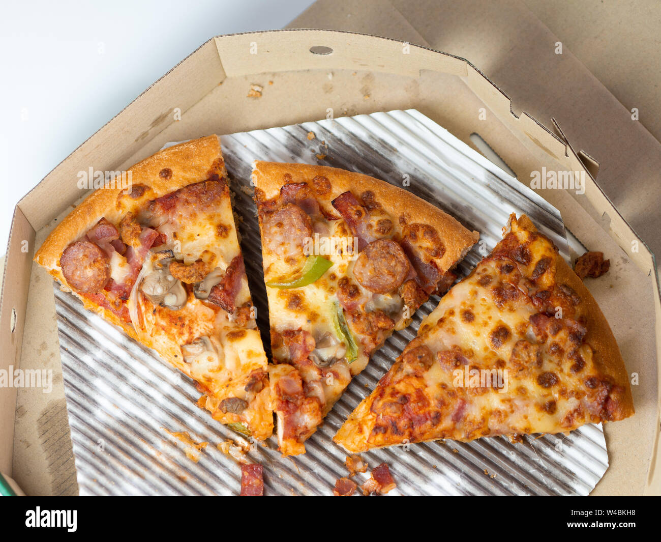 The remaining pizza is in the box.Empty pizza box with three slice ...