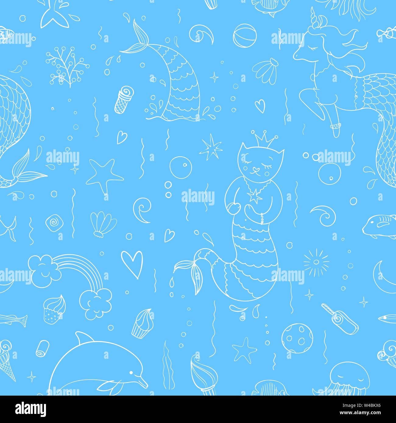 Seamless pattern with fantasy doodles of mermaid theme. Decorative  background for kids girl textile with tails, cat, unicorn and other mermaid  stuff Stock Vector Image & Art - Alamy