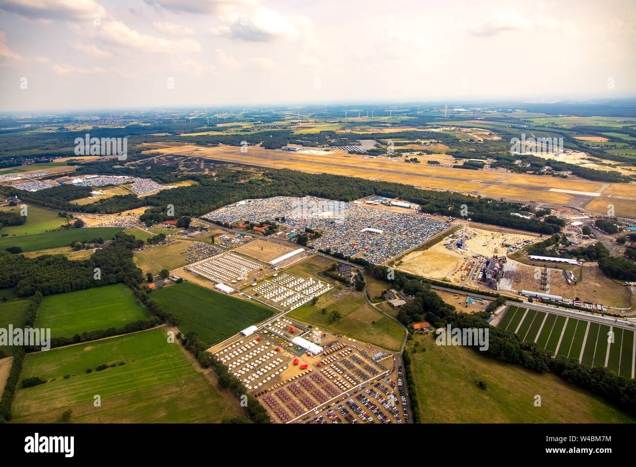 Luftbild Festival ParookaVille 2019 at Weeze Airport, music festival in the field of electronic dance music in Weeze on the Lower Rhine, North Rhine-W Stock Photo