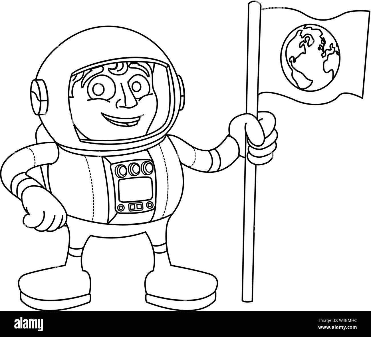Space Man Cartoon Astronaut Holding Flag Stock Vector