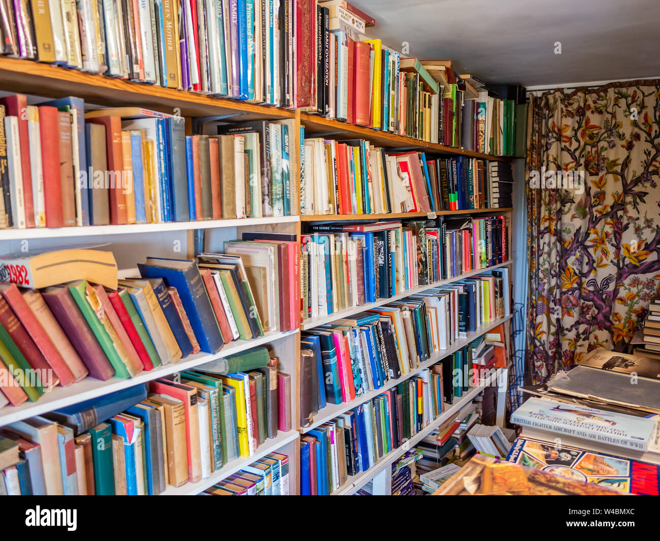 Rows and rows of second hand and used books shops on the shelves in the