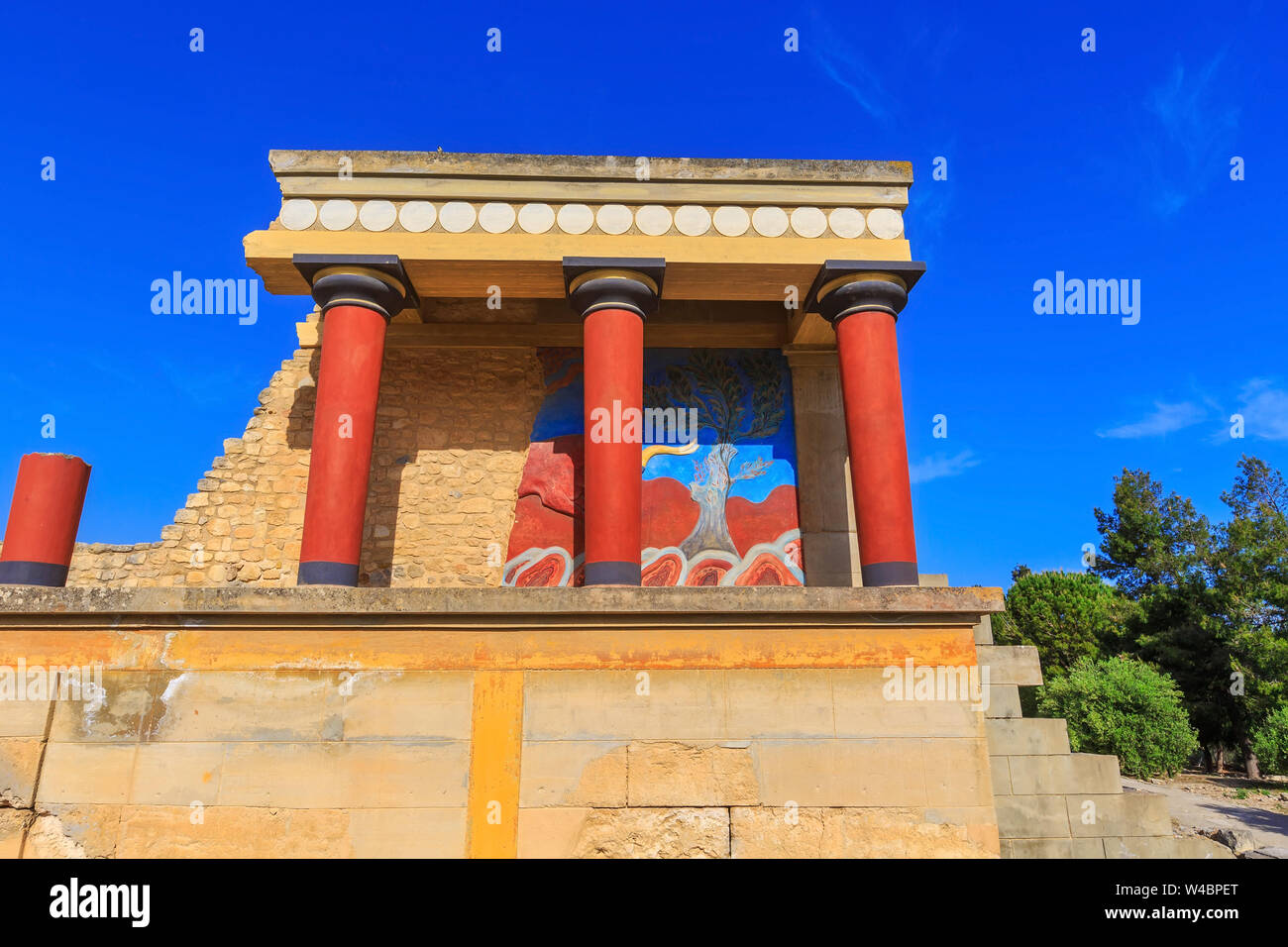 North Entrance of Minoan Palace with red columns in Knossos at Crete