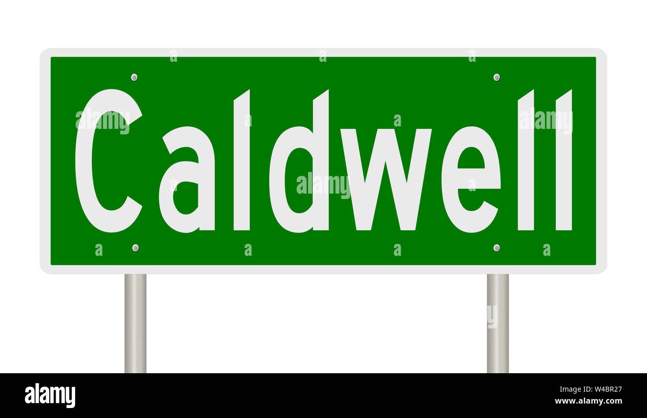 A rendering of a green highway sign for Caldwell Idaho Stock Photo