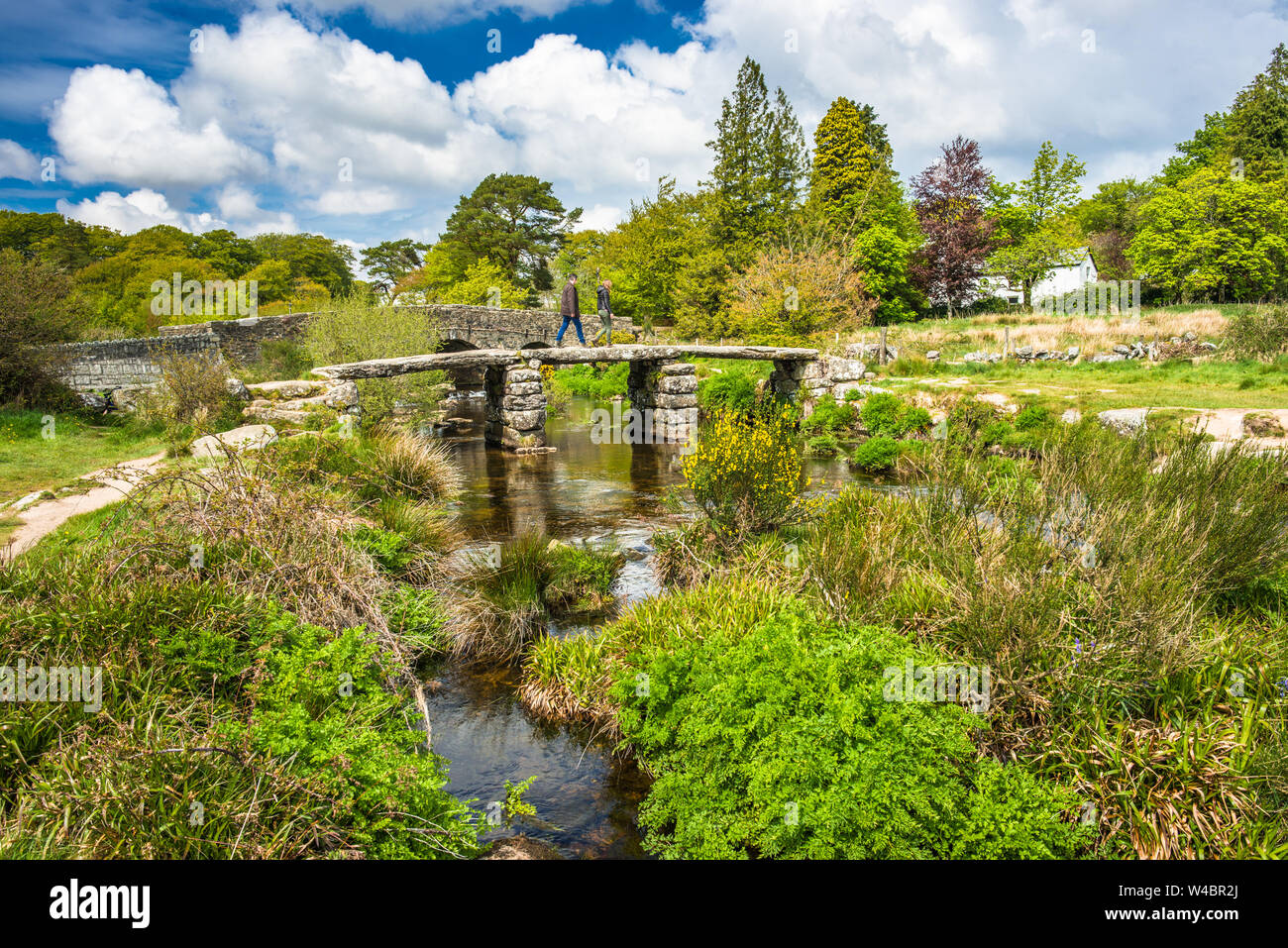 Medieval clapper bridge over the East Dart River at Postbridge on ...