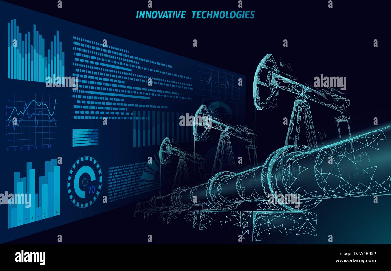 Oil pipeline low poly business concept. Finance economy polygonal petrol production. Petroleum fuel industry transportation line connection dots blue Stock Vector