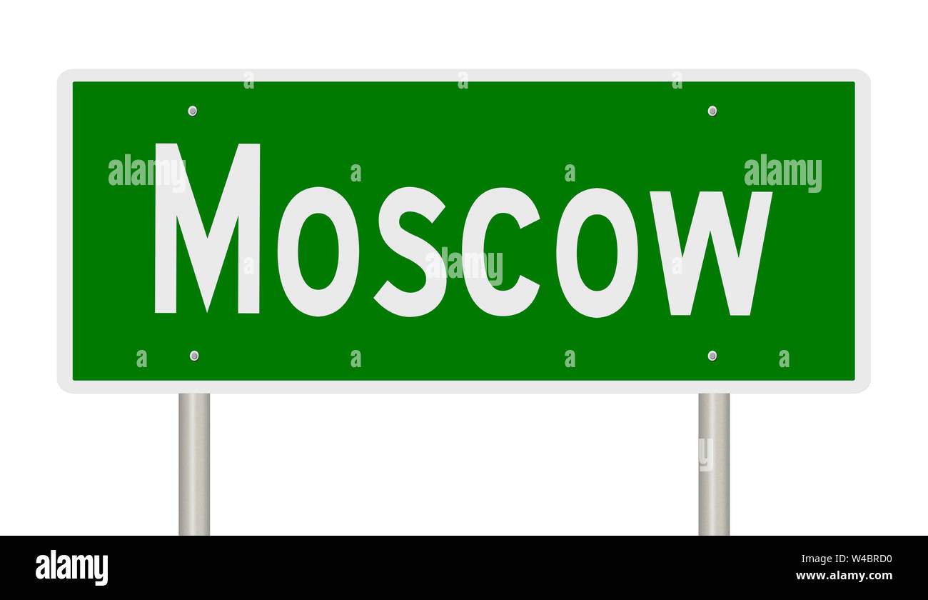 A rendering of a green highway sign for Moscow Stock Photo