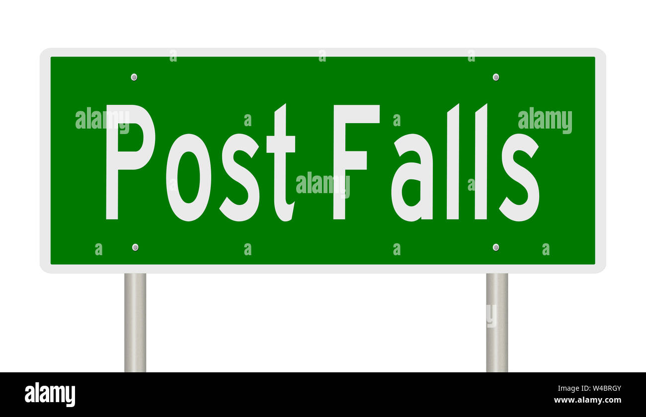 A rendering of a green highway sign for Post Falls Idaho Stock Photo
