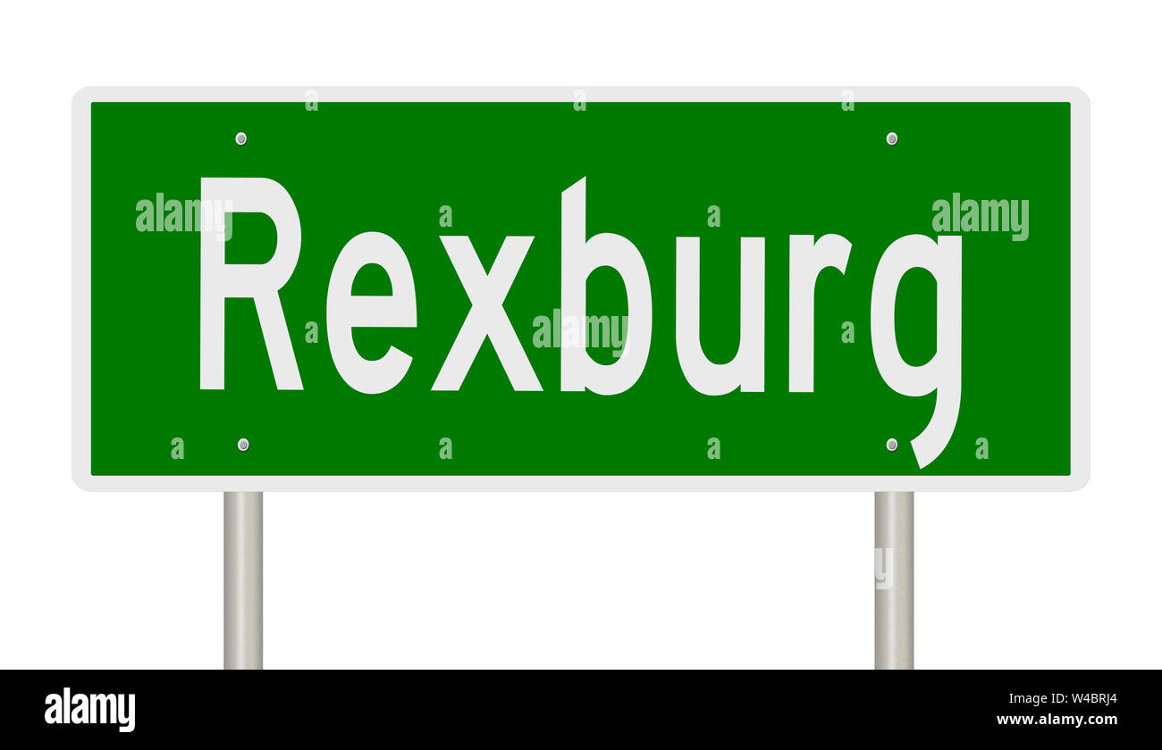 A rendering of a green highway sign for Rexburg Idaho Stock Photo