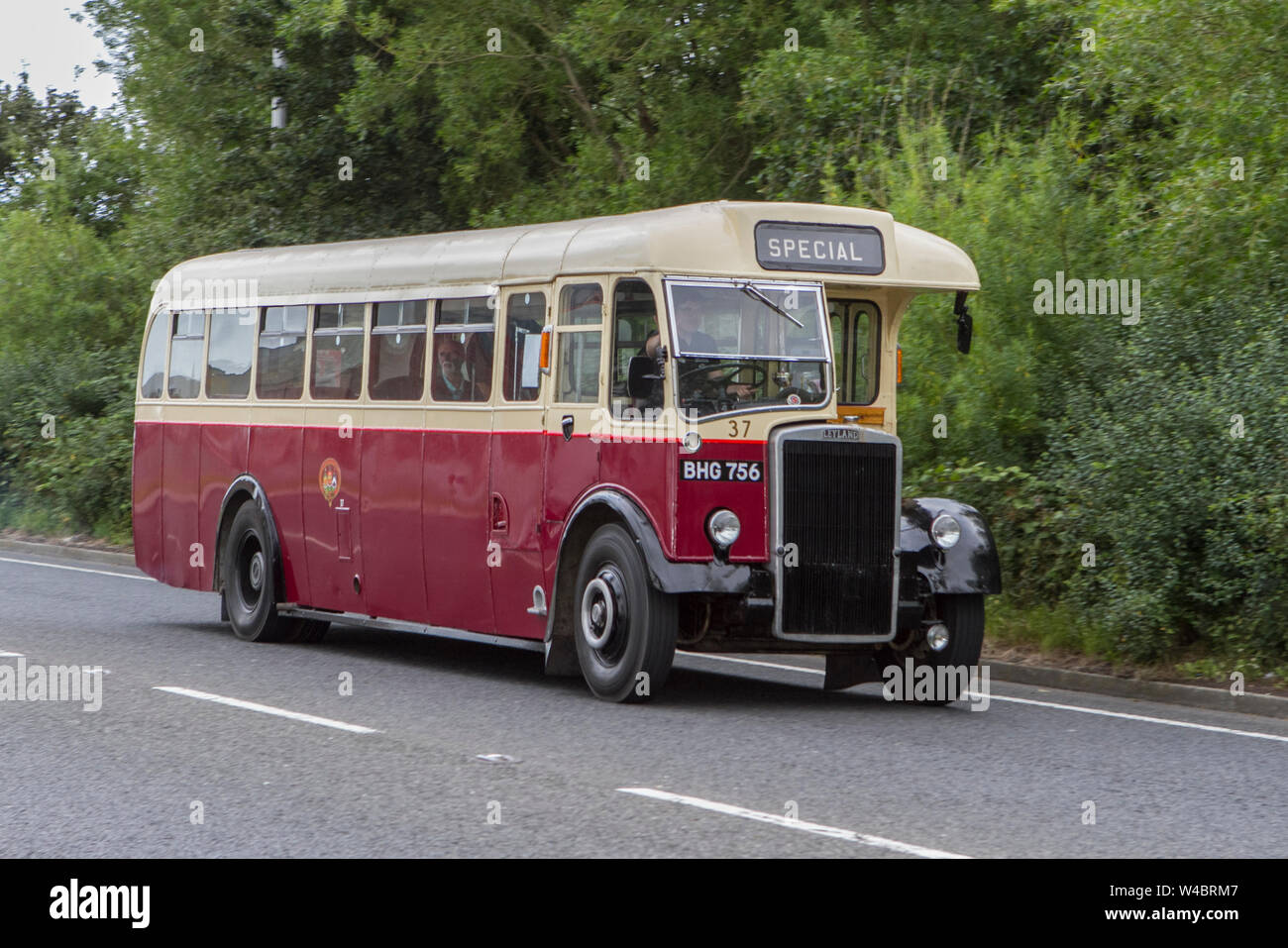 Fleetwood Festival of Transport – Tram Sunday 2019 BHG 756 Leyland bus coach vintage vehicles and cars attend the classic car show in Lancashire, UK Stock Photo