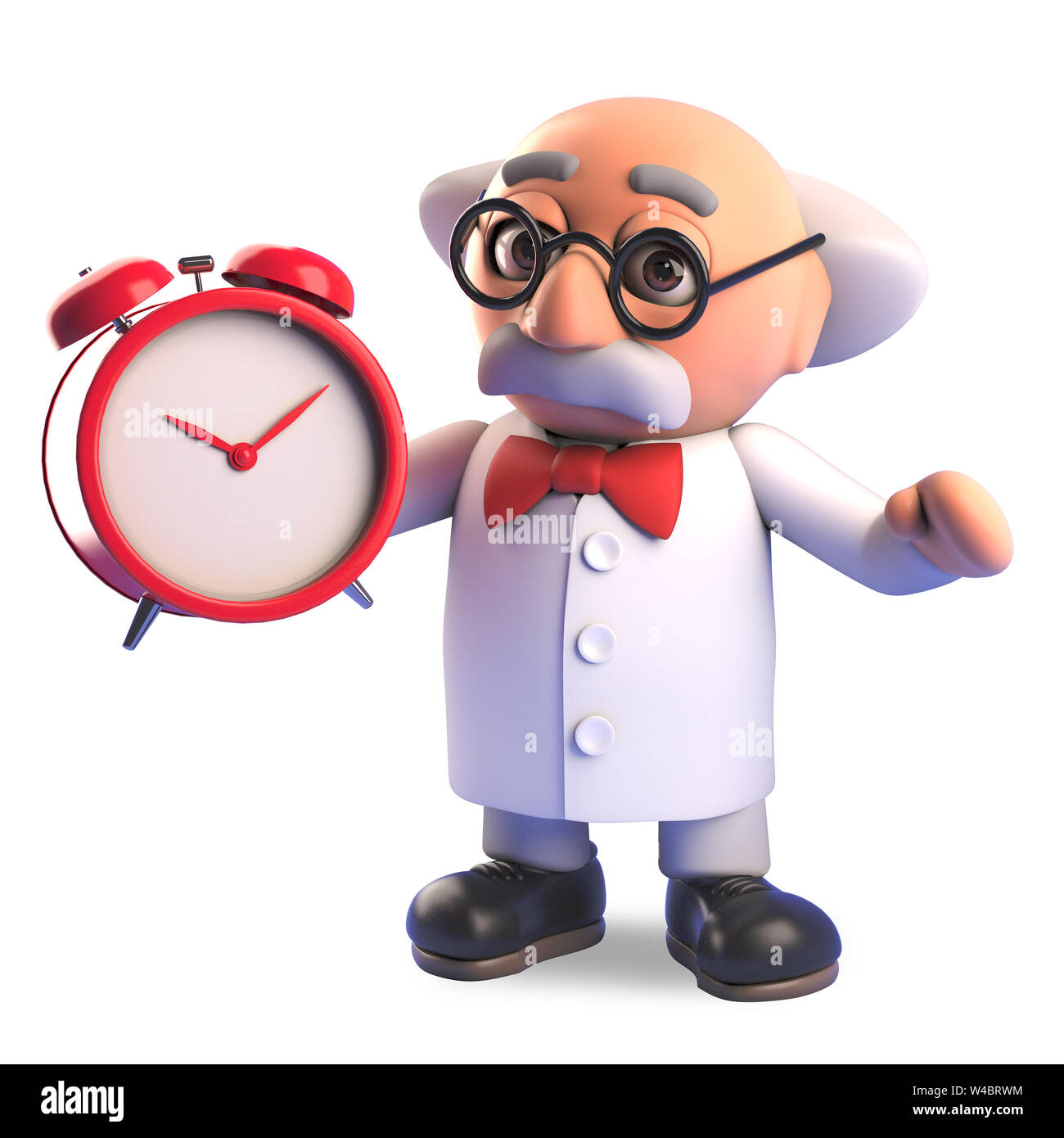 Mad scientist professor character setting his alarm clock for the ...