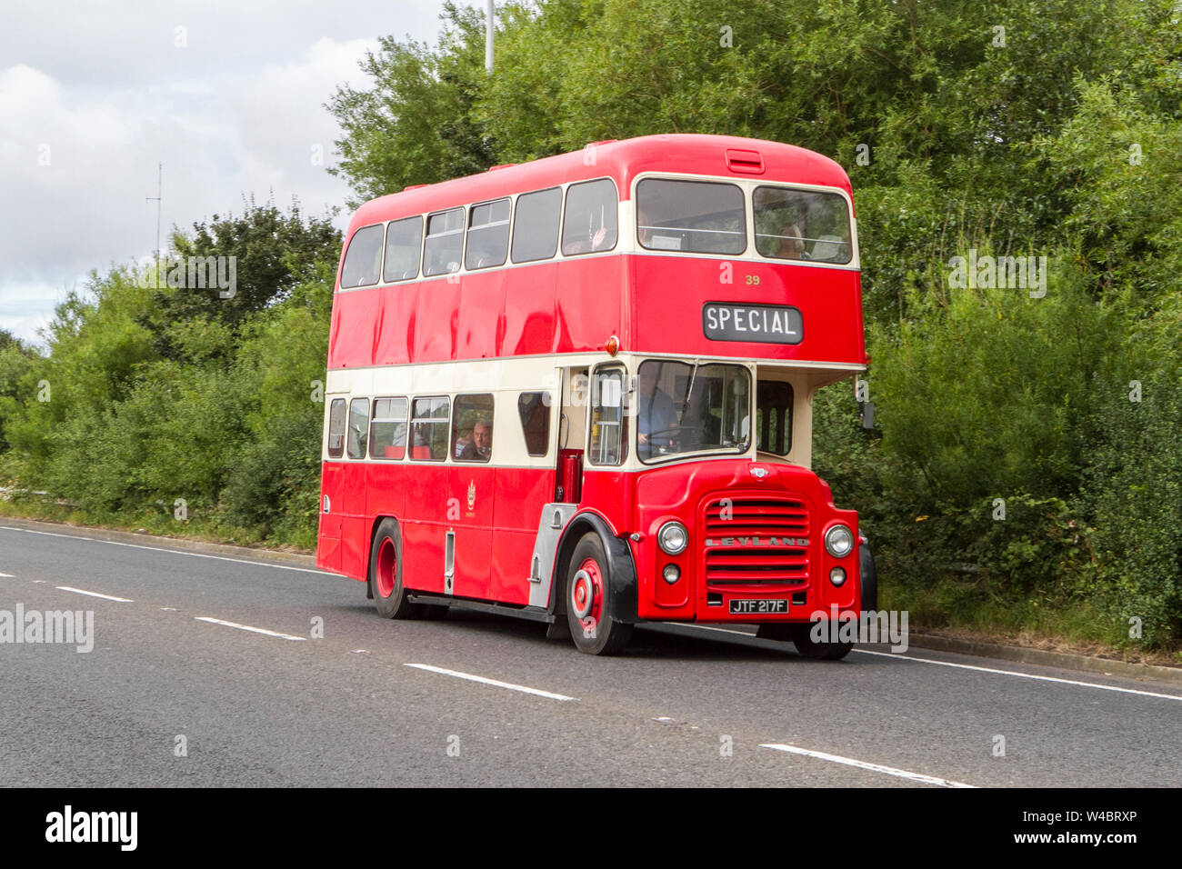 Fleetwood Festival of Transport – Tram Sunday 2019 JTF 217F Leyland bus vintage vehicles and cars attend the classic car show in Lancashire, UK Stock Photo