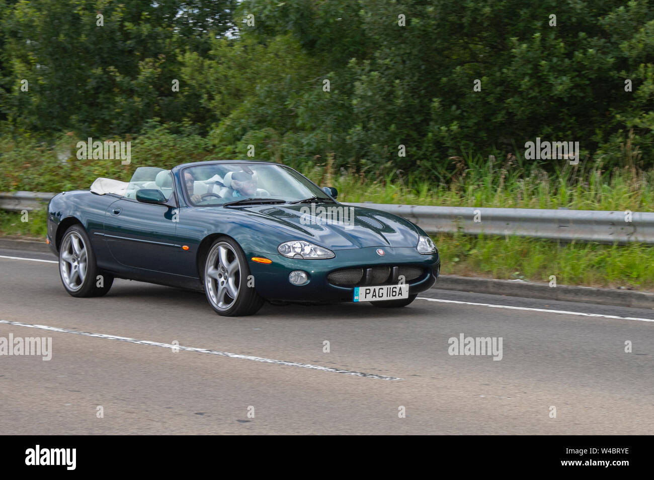 2002 green Jaguar XKR Auto; Tram Sunday 2019; a festival of Transport held the in the seaside town of Fleetwood, Lancashire, UK Stock Photo