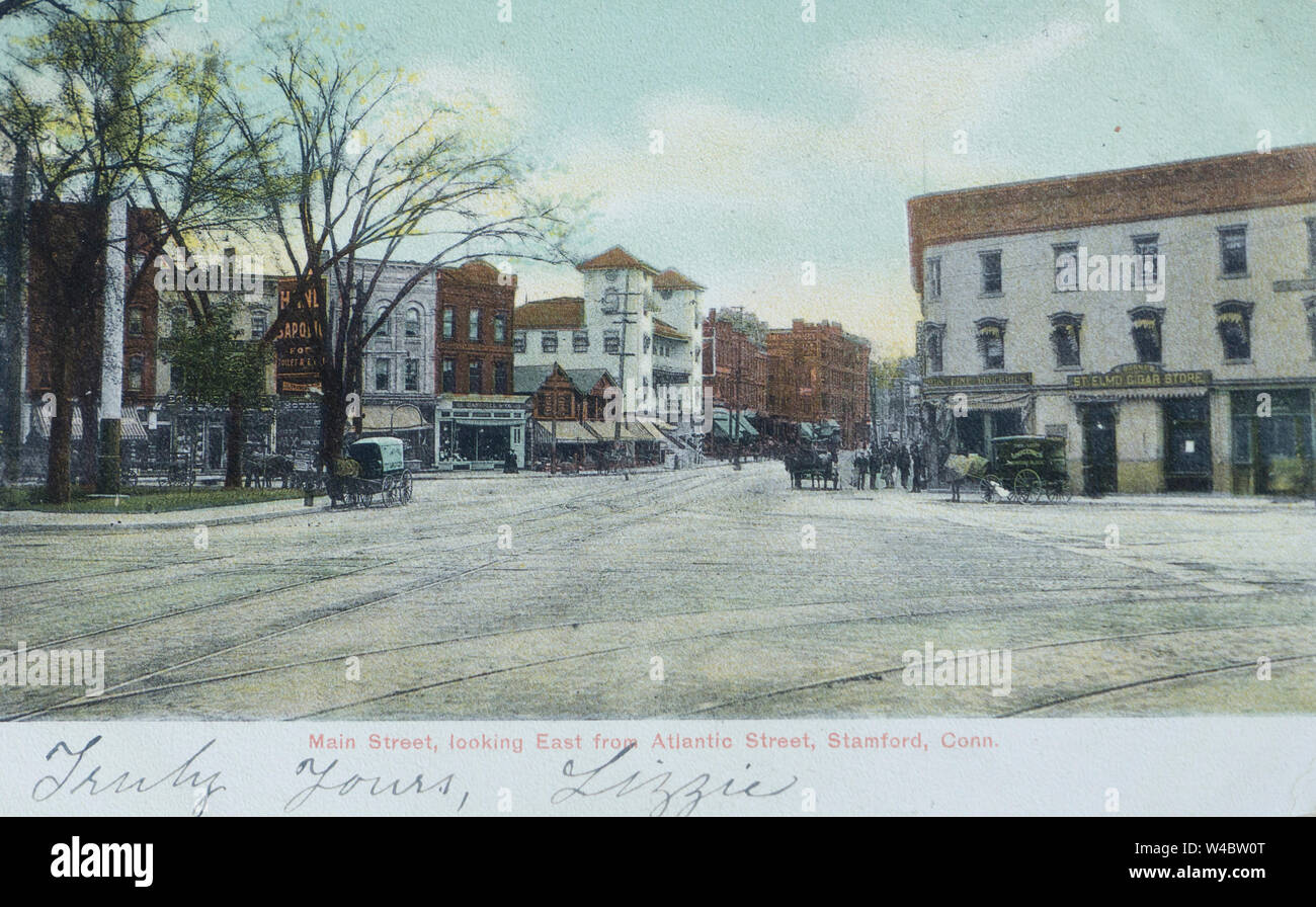 Vintage colored postcard of Main Street, looking East from Atlantic street in Stamford Connecticut USA, posted in 1907 Stock Photo