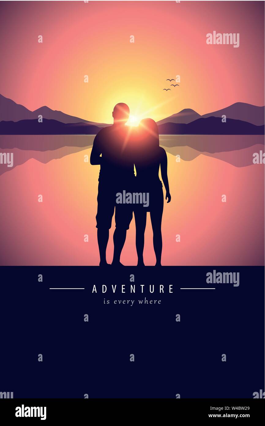 romantic couple silhouette by the lake at sunset vector illustration ...