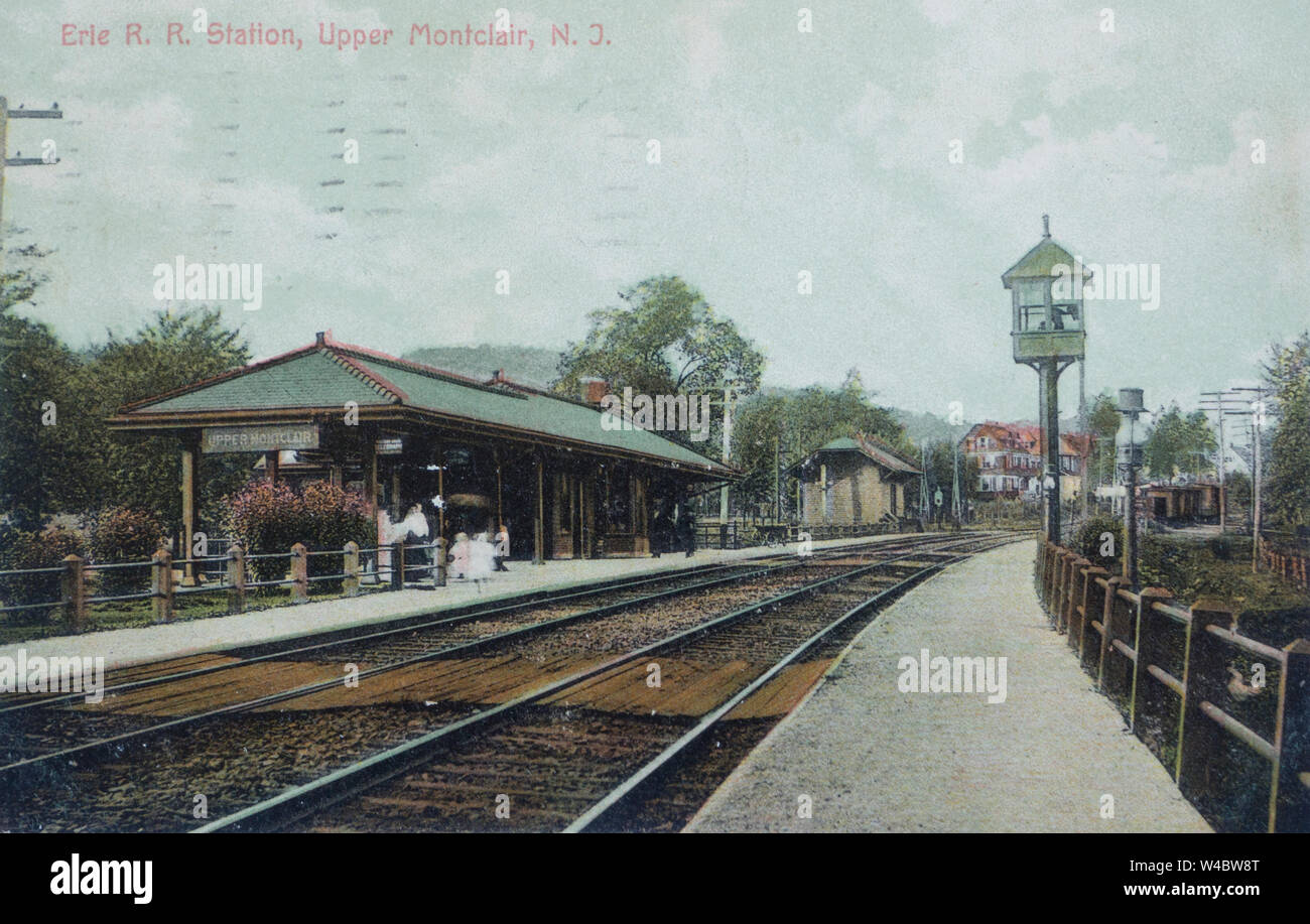 Vintage postcard depicting Erie railroad station in Upper Montclair New Jersey, USA, posted in 1907 Stock Photo