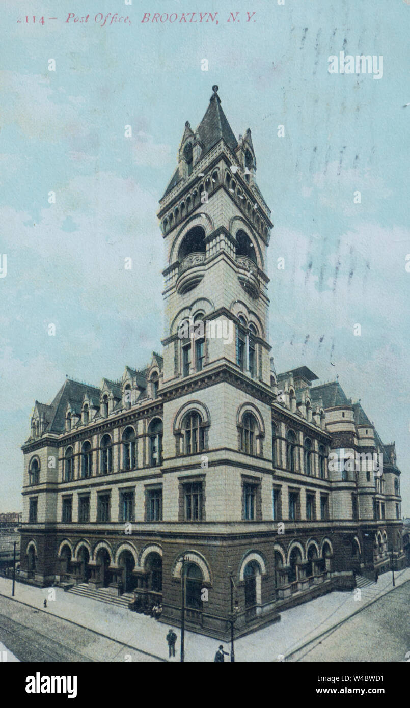 Vintage postcard depicting the post office building in Brooklyn New York, mailed in 1909 Stock Photo