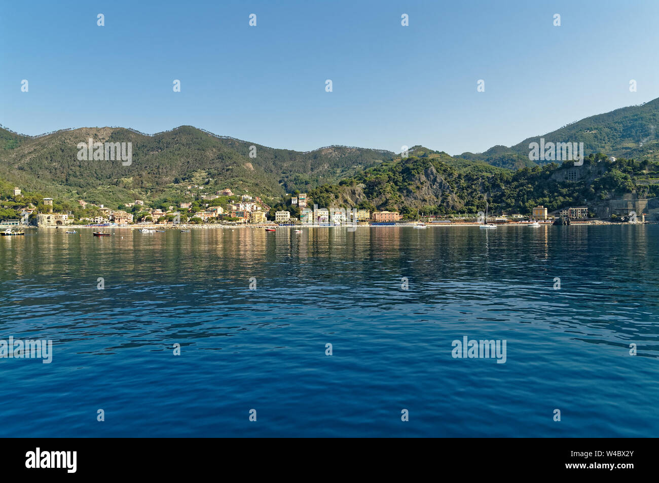 Monterosso village in Cinque Terre, Italian Riviera. View from sea. Stock Photo