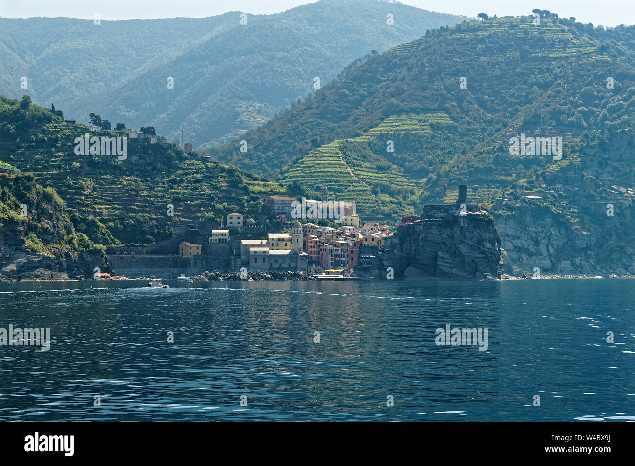 Vernazza village in Cinque Terre, Italian Riviera. View from sea. Stock Photo