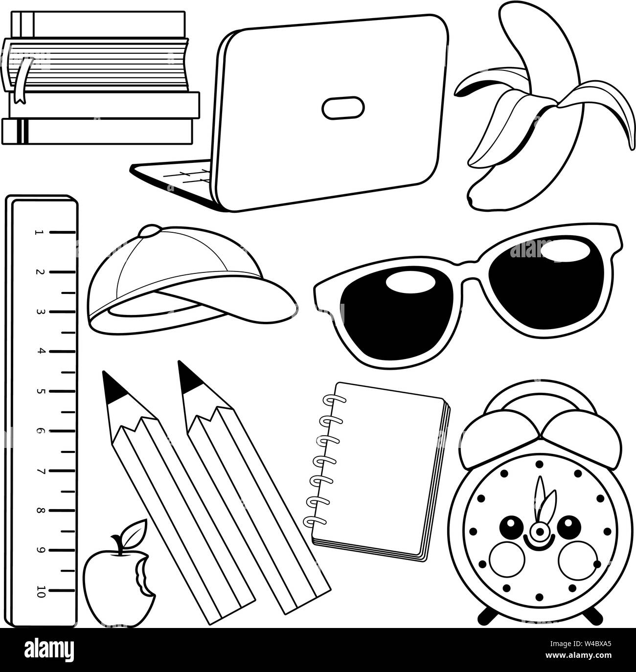 School supplies on white background. Vector black and white illustration Stock Vector