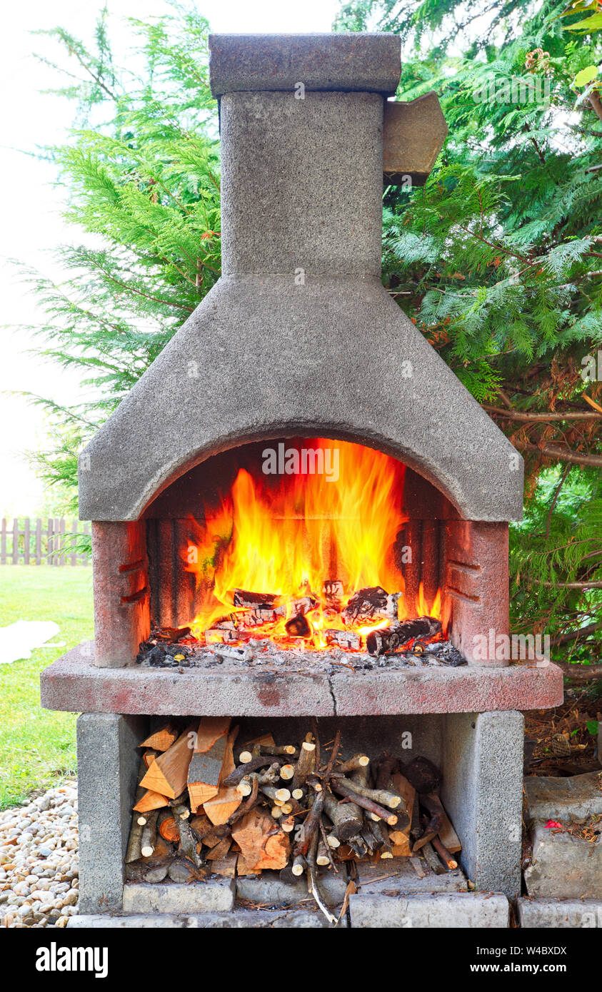 Fireplace with fire. Stock Photo