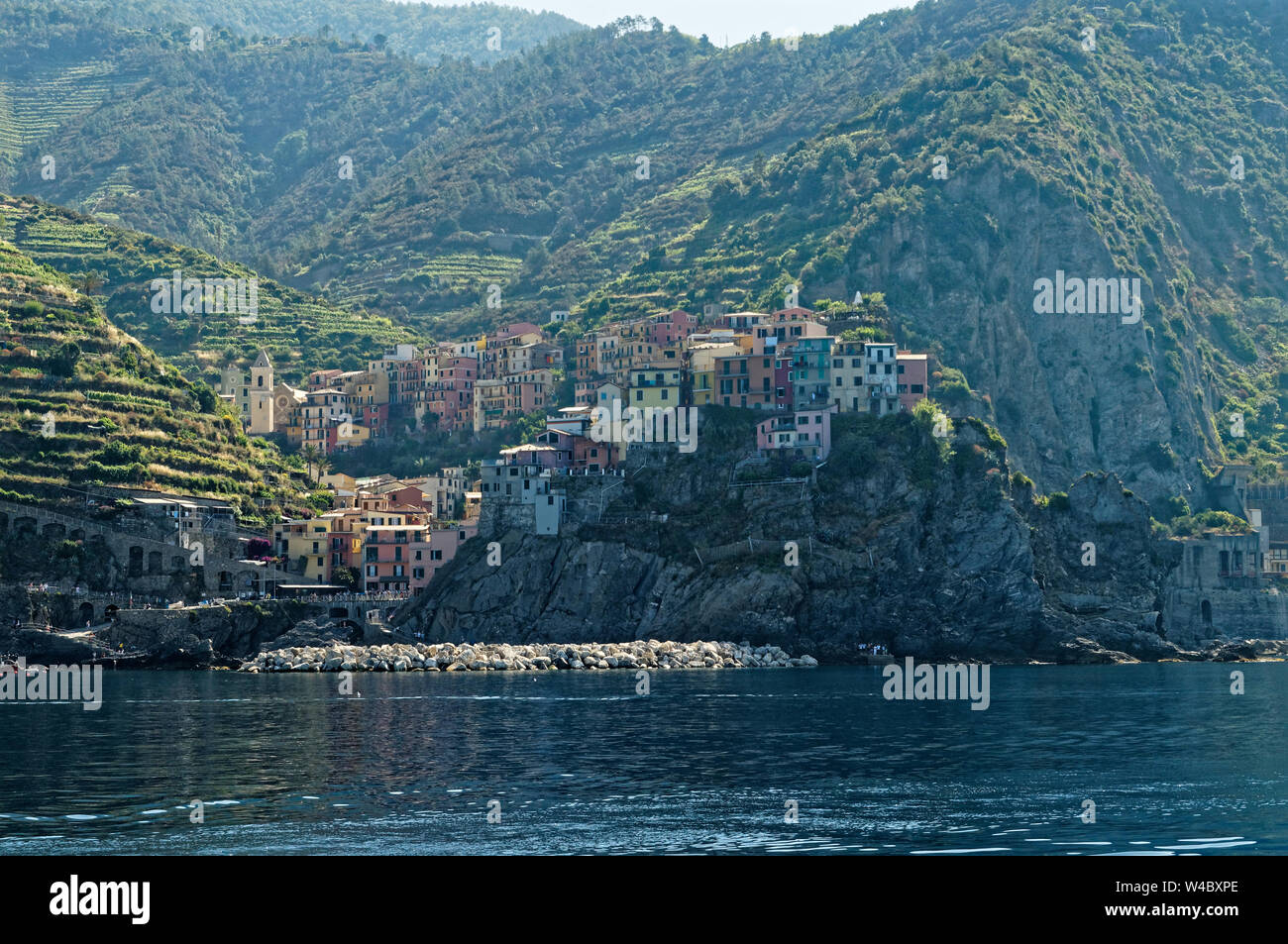 Manarola village in Cinque Terre, Italian Riviera. View from sea. Stock Photo