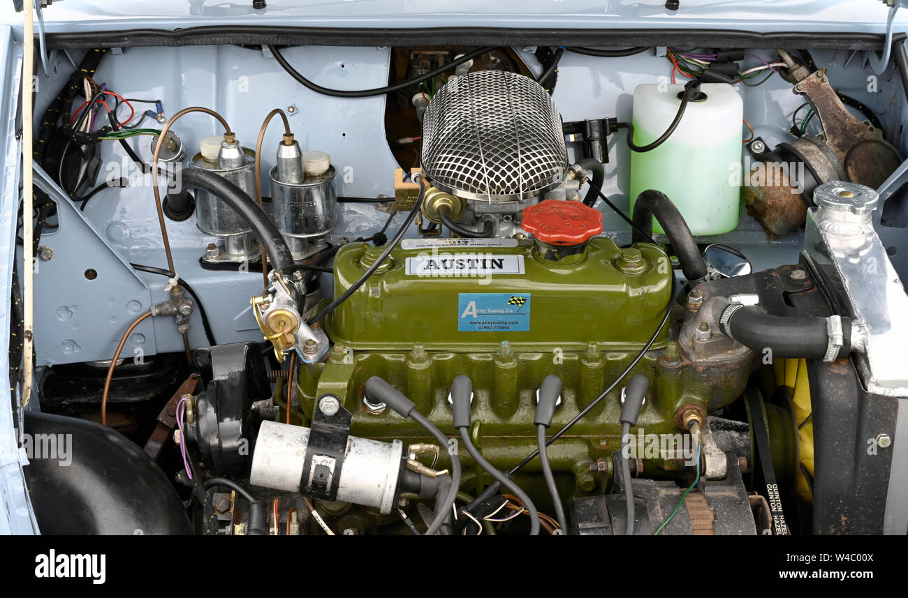 Engine compartment of an Austin mini motor car Stock Photo