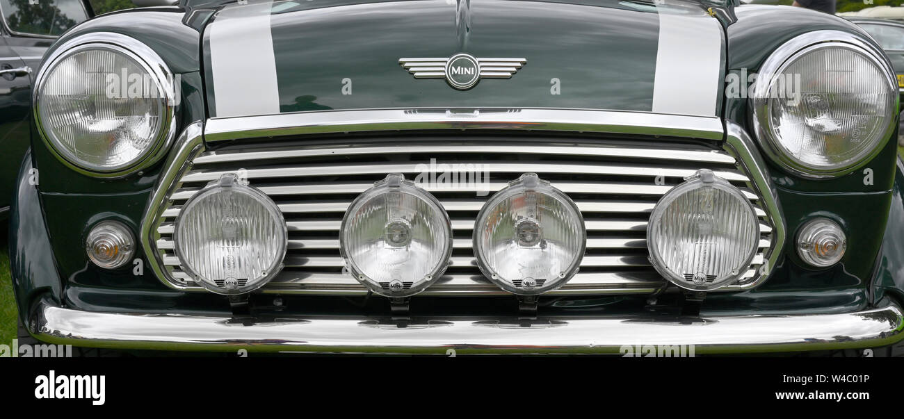 Lights, grill and bonnet of a BMC vintage mini car. Stock Photo