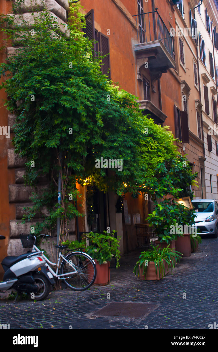 One Bicycle And One Car Parked In The City Center Of Rome Italy Near A Cozy Cafe Entwined With Green Plants Calm Atmosphere Stock Photo Alamy One Bicycle And One Car Parked In The City Center Of Rome Italy Near A Cozy Cafe Entwined With Green Plants Calm Atmosphere Stock Photo Alamy