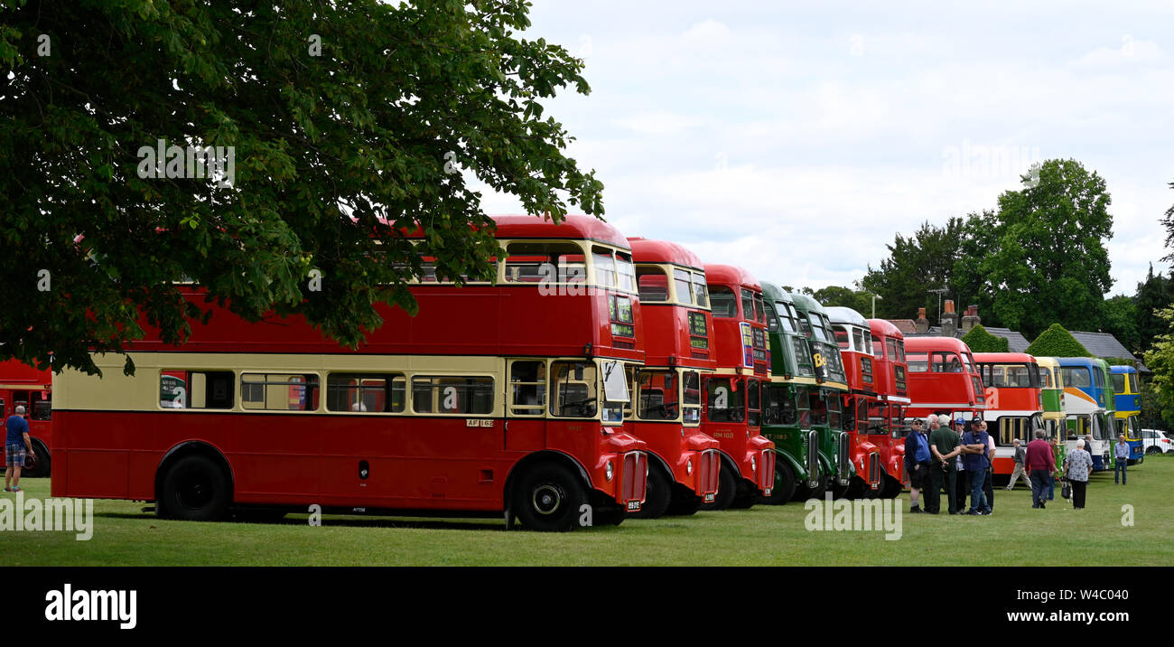 Line up of vintage buses on display at the Alton Annual Bus Show, Alton, Hampshire, UK Stock Photo