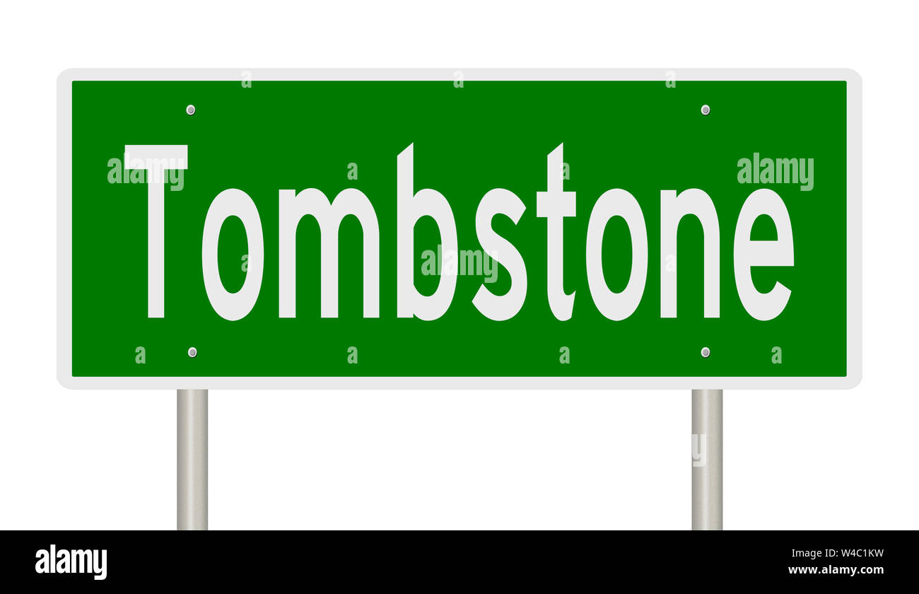 A rendering of a green highway sign for Tombstone Arizona Stock Photo