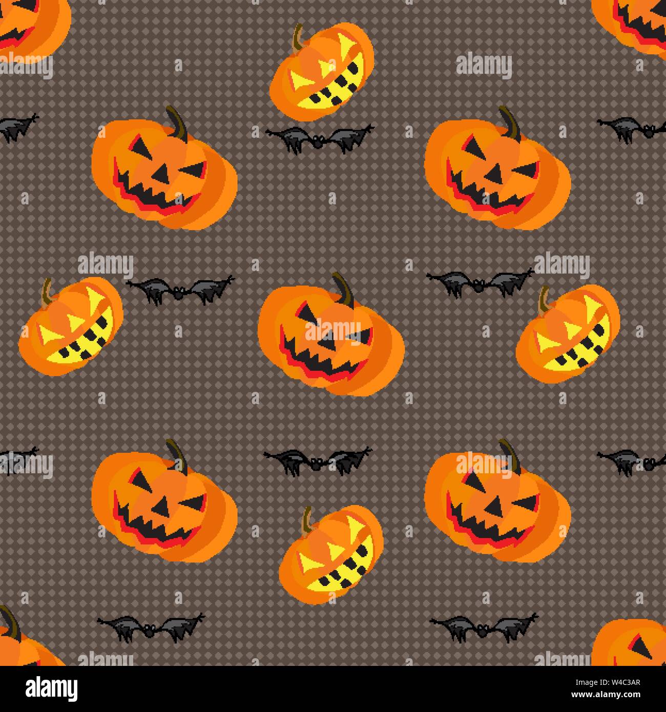 Pumpkins and bats on a gray background geometric seamless pattern vector illustration Stock Vector