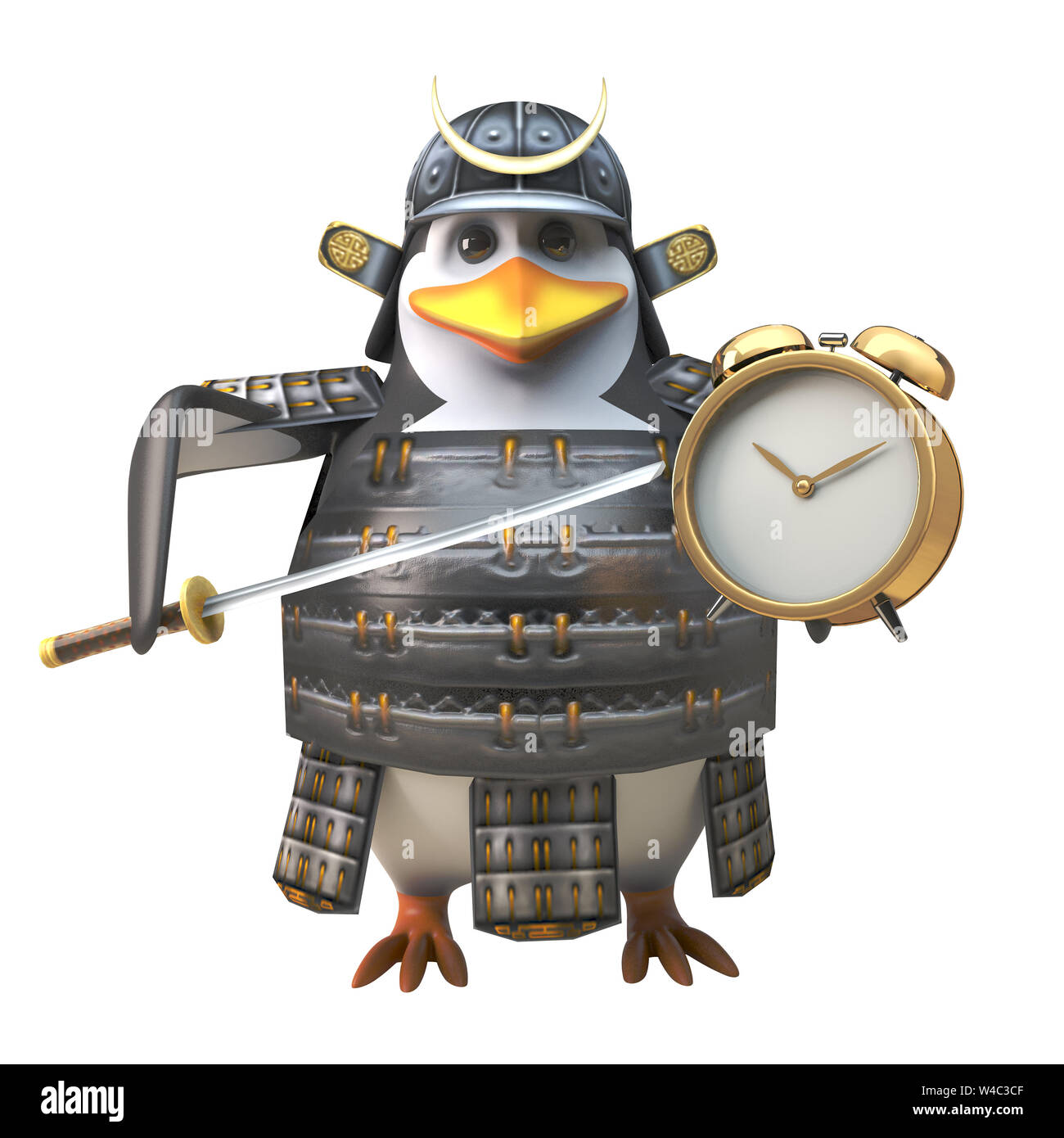 Efficient penguin samurai warrior in armour setting his alarm clock for